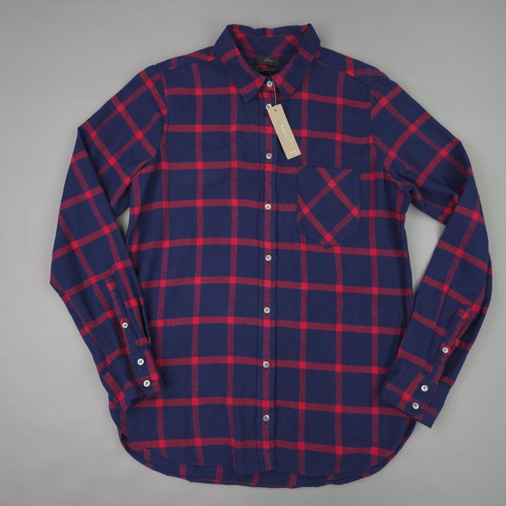 J Crew Shirt Womens 6 Blue Red Plaid Flannel Classic Fit Button Up Long Sleeve